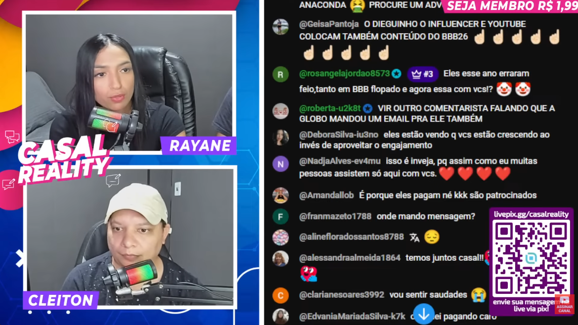 Interação da comunidade durante uma live do CASAL REALITY